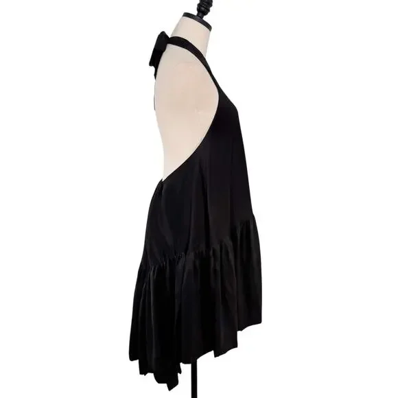 AZEEZA Winston Raw Silk Mini Dress Black High Low Halter Cocktail Party Size S